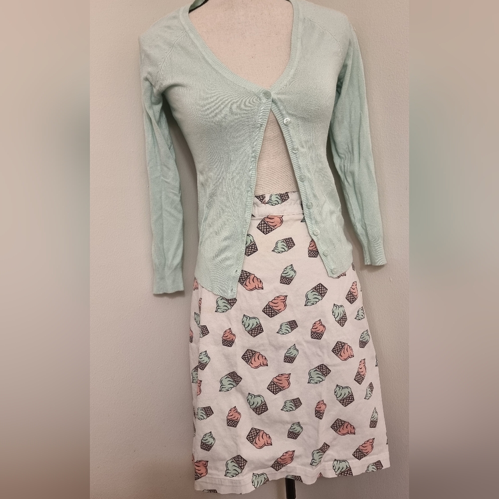 Mint Cardigan and White Skirt with Leaf Print